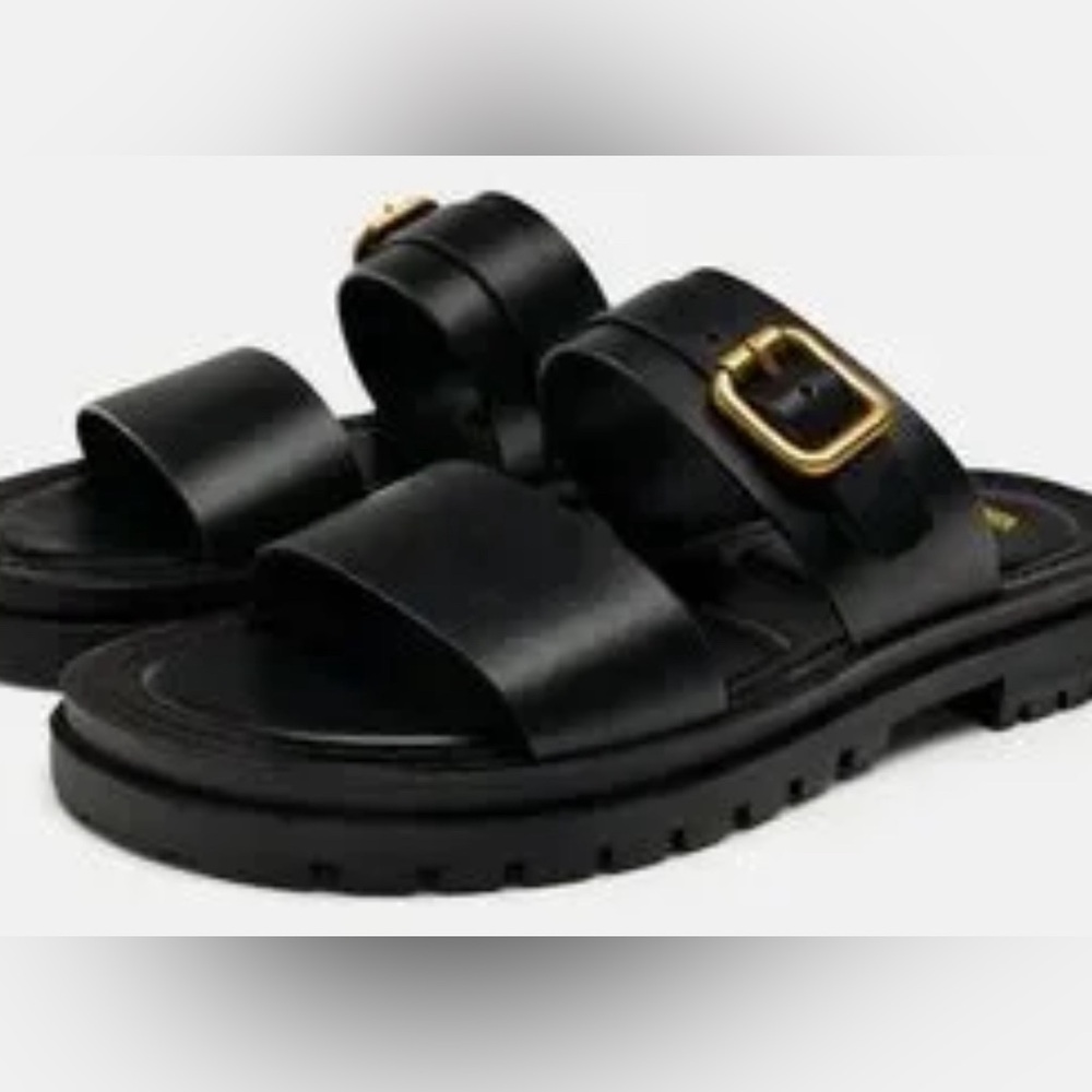 BLACK LUG SOLE FLAT LEATHER Strapped SANDALS